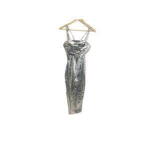 Micas Silver Metallic Sweatheart Neck Midi Dress S Sleeveless Formal NEW